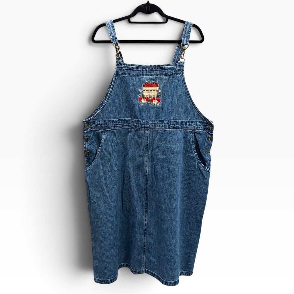 Vintage CC Hughes Womens Midi Overall Denim Jumper Dress Apples 2X Cottagecore